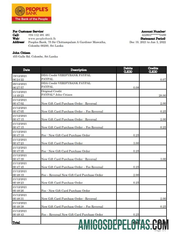 Exemplo de extrato Xls do Banco Popular do Sri Lanka